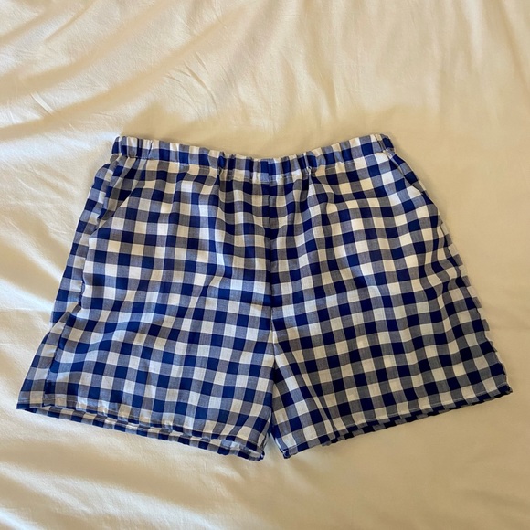 HANDMADE Blue and White Gingham Shorts Size Small Linen Blend With Pockets - Picture 1 of 3